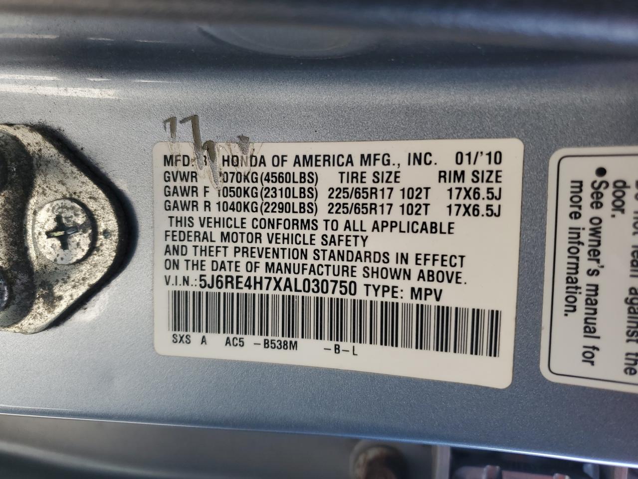 2010 Honda CR-V VIN 5J6RE4H7XAL030750 Copart auction photo, mechanical damage thumbnail 13