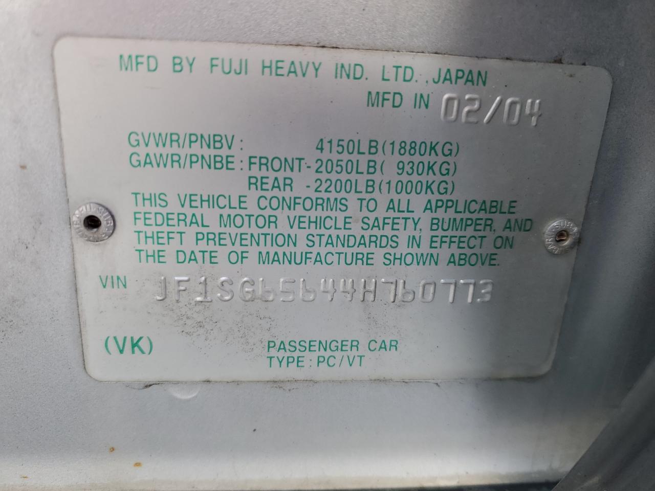 2004 Subaru Forester VIN JF1SG65644H760773 Copart auction photo, all over damage thumbnail 12