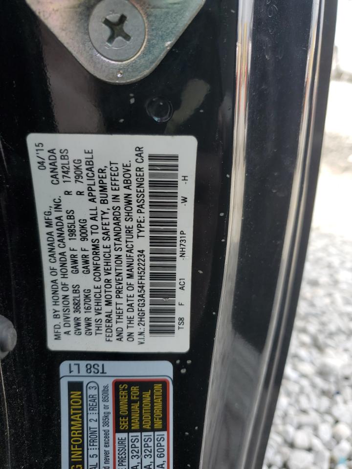 2015 Honda Civic VIN 2HGFG3A54FH522234 Copart auction photo, front end / undercarriage damage thumbnail 12