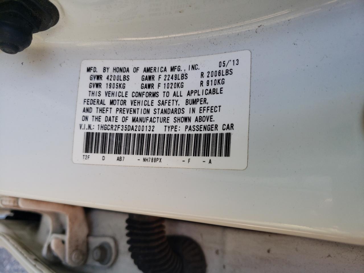 2013 Honda Accord VIN 1HGCR2F35DA200132 Copart auction photo, front end / side damage thumbnail 13