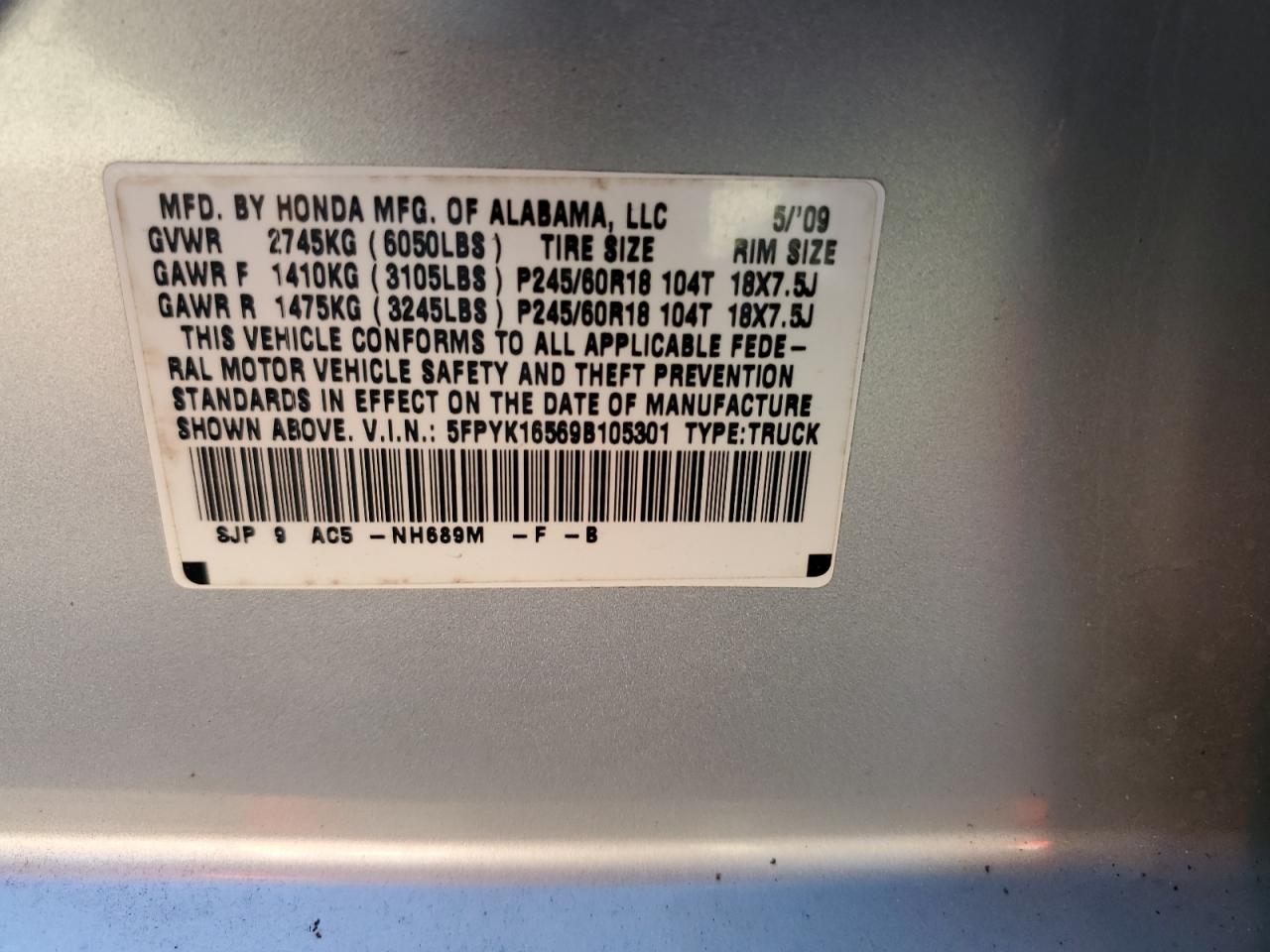 2009 Honda Ridgeline VIN 5FPYK16569B105301 Copart auction photo, front end damage thumbnail 12