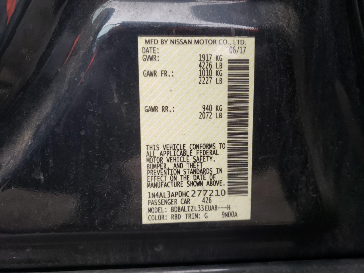 2017 Nissan Altima VIN 1N4AL3AP0HC277210 Copart auction photo, rear end damage thumbnail 12