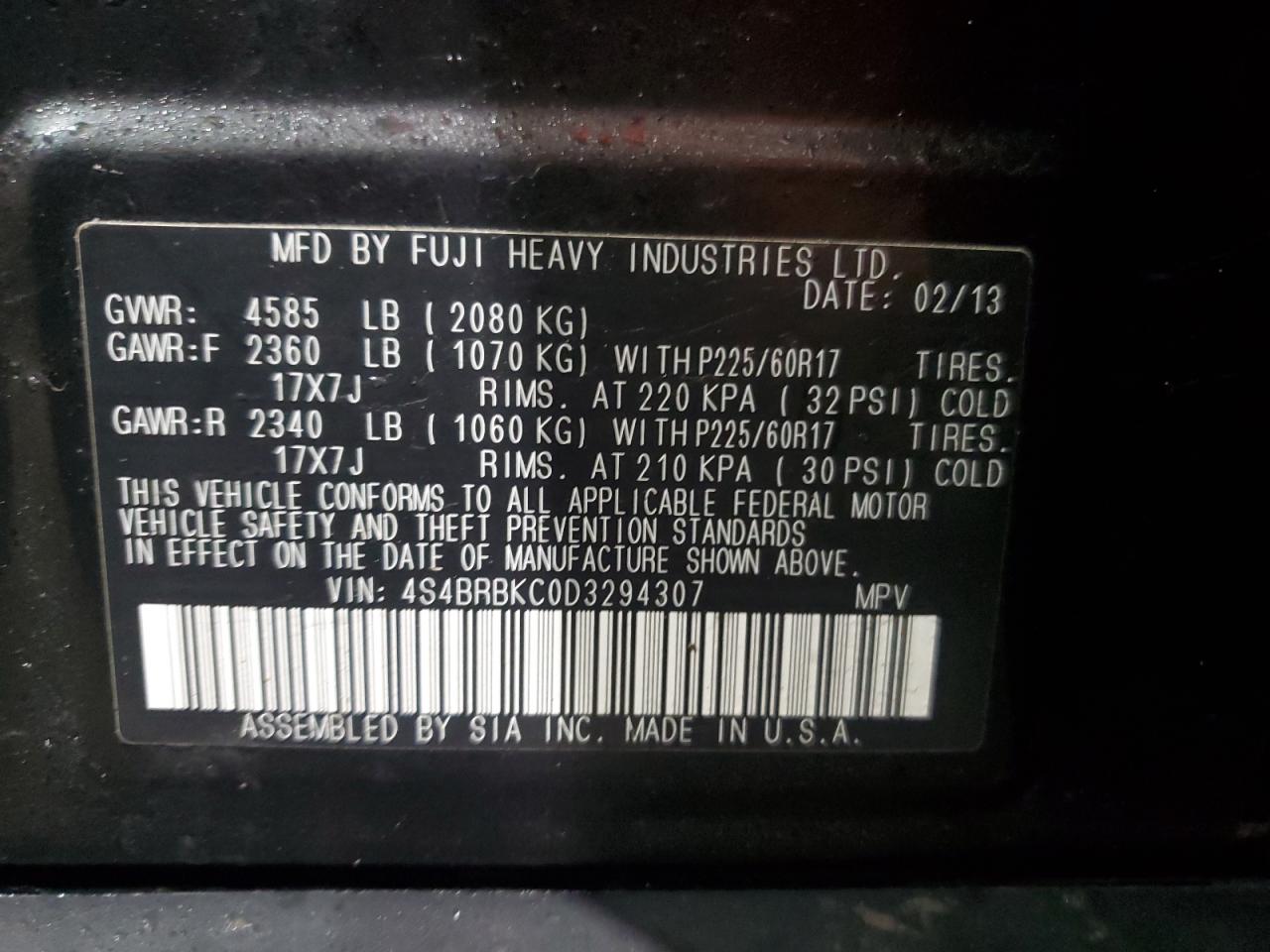 2013 Subaru Outback VIN 4S4BRBKC0D3294307 Copart auction photo, front end damage thumbnail 13