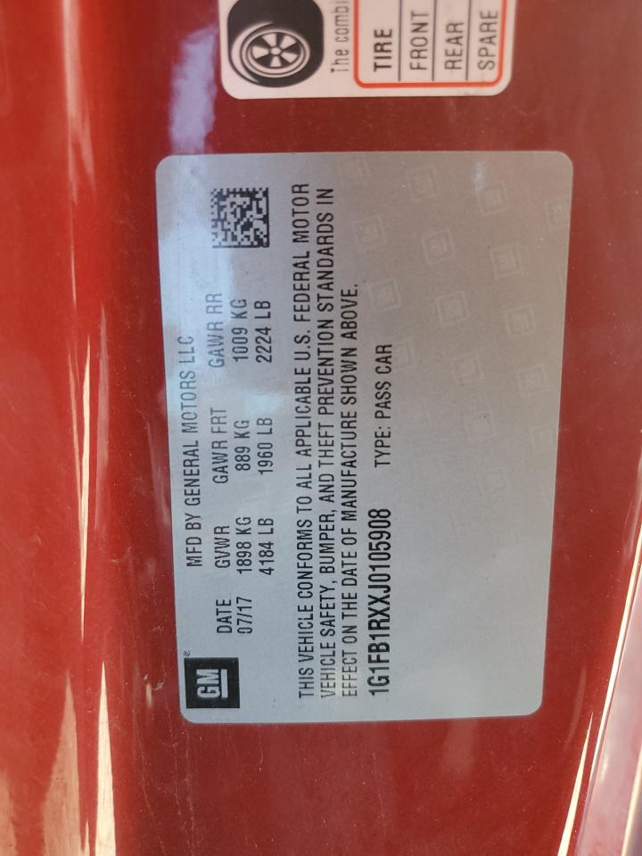 2018 Chevrolet Camaro VIN 1G1FB1RXXJ0105908 Copart auction photo, front end / minor dent/scratches damage thumbnail 12
