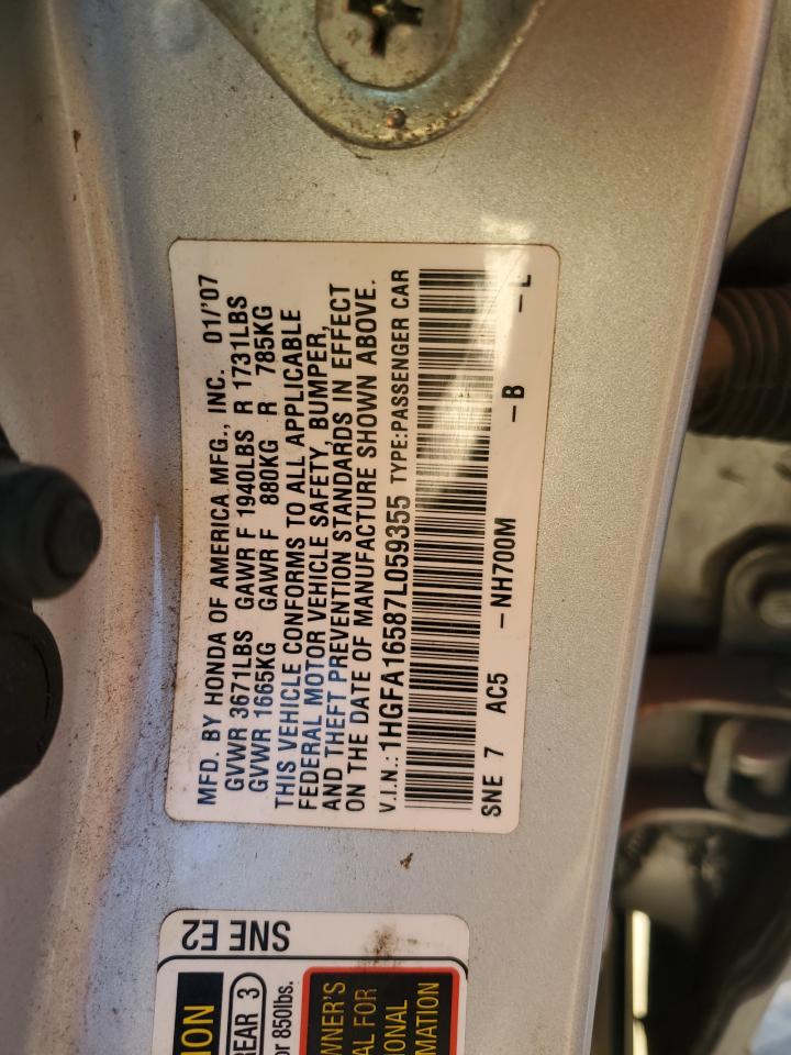 2007 Honda Civic VIN 1HGFA16587L059355 Copart auction photo, front end / minor dent/scratches damage thumbnail 12
