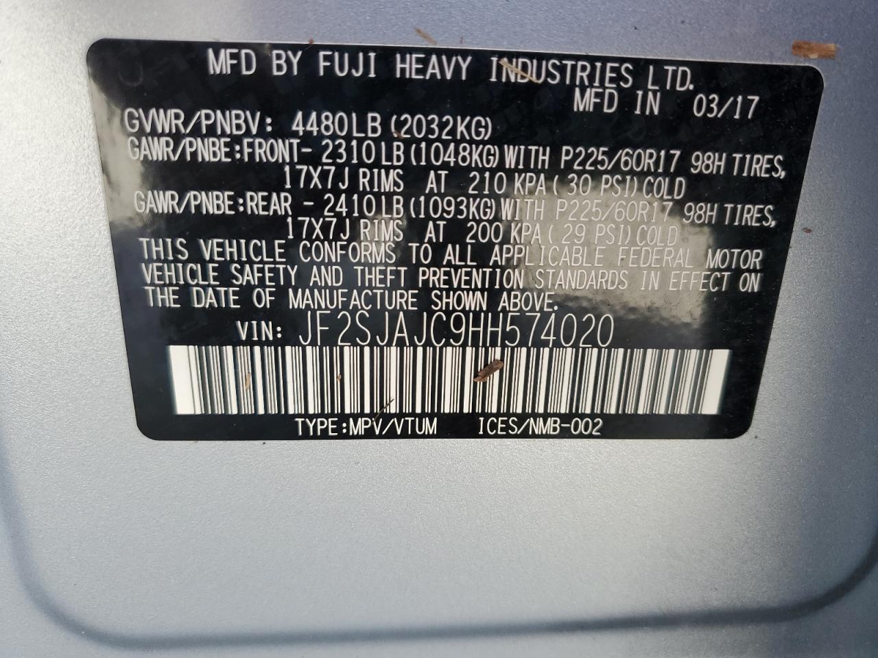2017 Subaru Forester VIN JF2SJAJC9HH574020 Copart auction photo, water/flood damage thumbnail 14