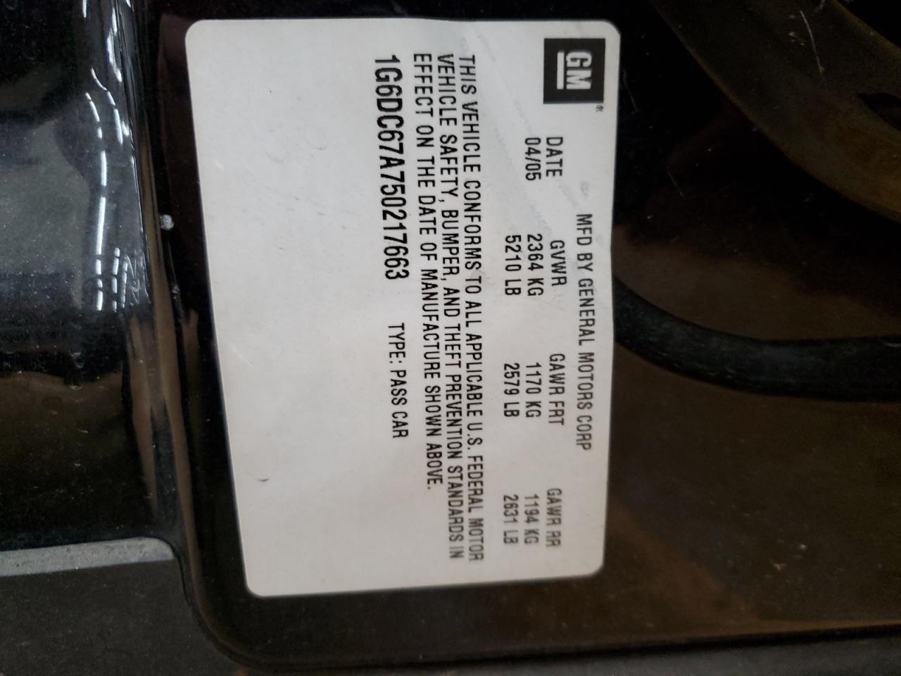 2005 Cadillac STS VIN 1G6DC67A750217663 Copart auction photo, front end damage thumbnail 14