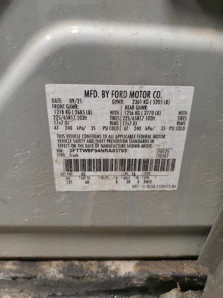 2022 Ford Maverick VIN 3FTTW8F94NRA03765 Copart auction photo, front end / all over damage thumbnail 13