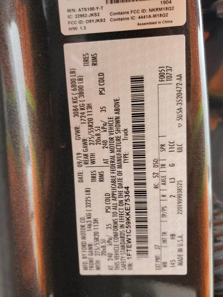 2019 Ford F-150 VIN 1FTEW1C59KKE75364 Copart auction photo, all over damage thumbnail 13