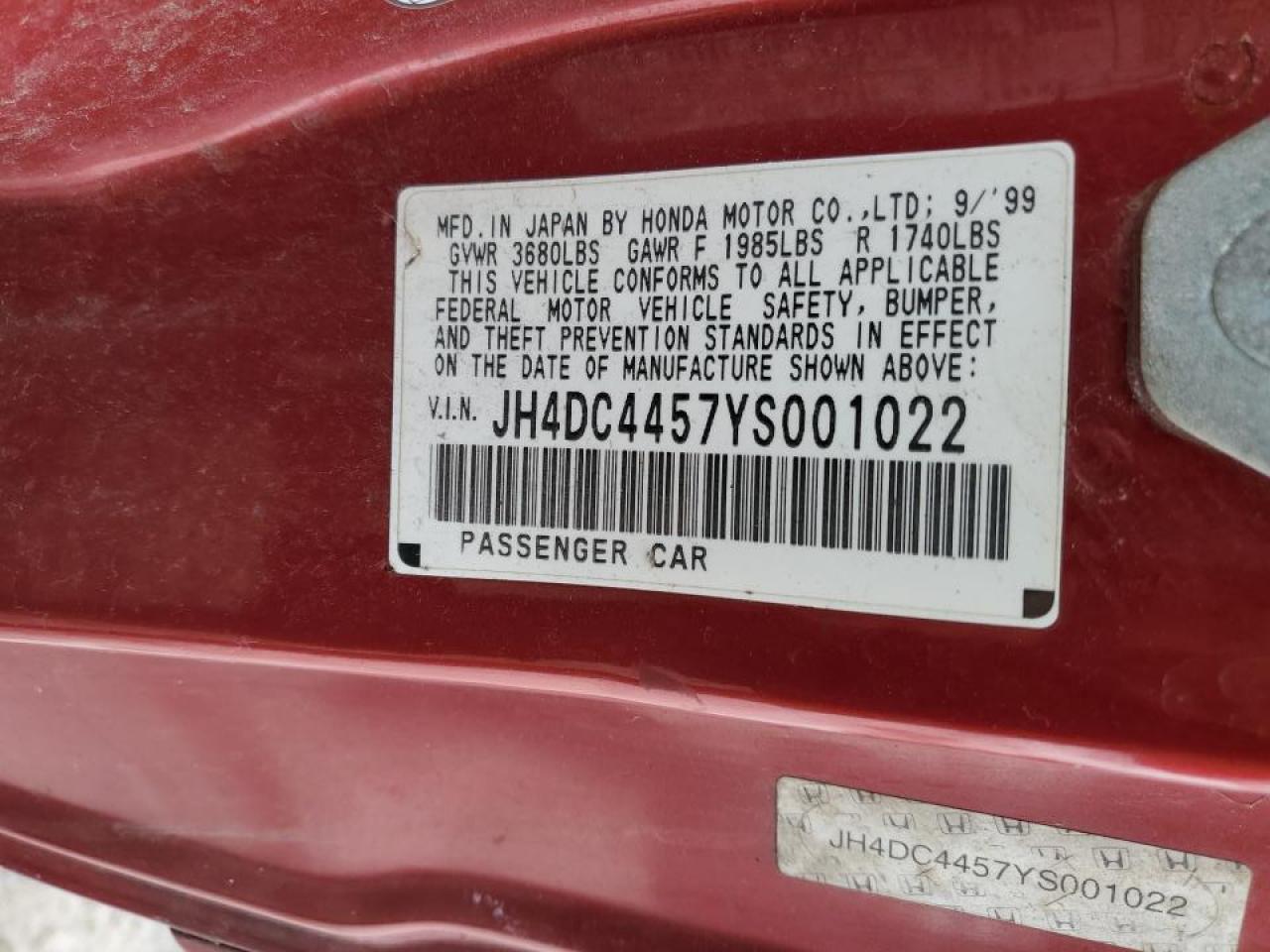 2000 Acura Integra VIN JH4DC4457YS001022 Copart auction photo, front end / rear end damage thumbnail 15