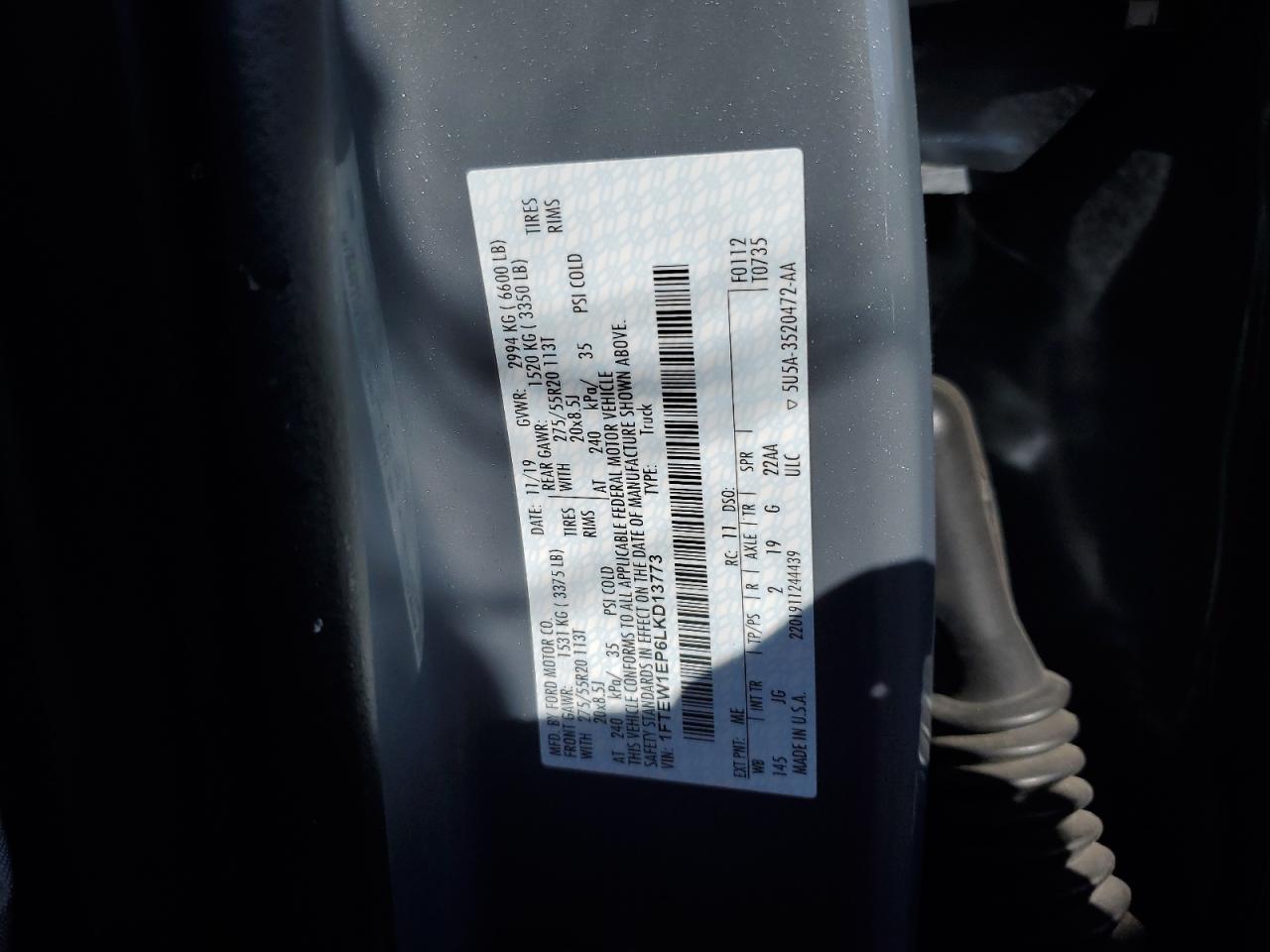 2020 Ford F-150 VIN 1FTEW1EP6LKD13773 Copart auction photo, front end / all over damage thumbnail 12