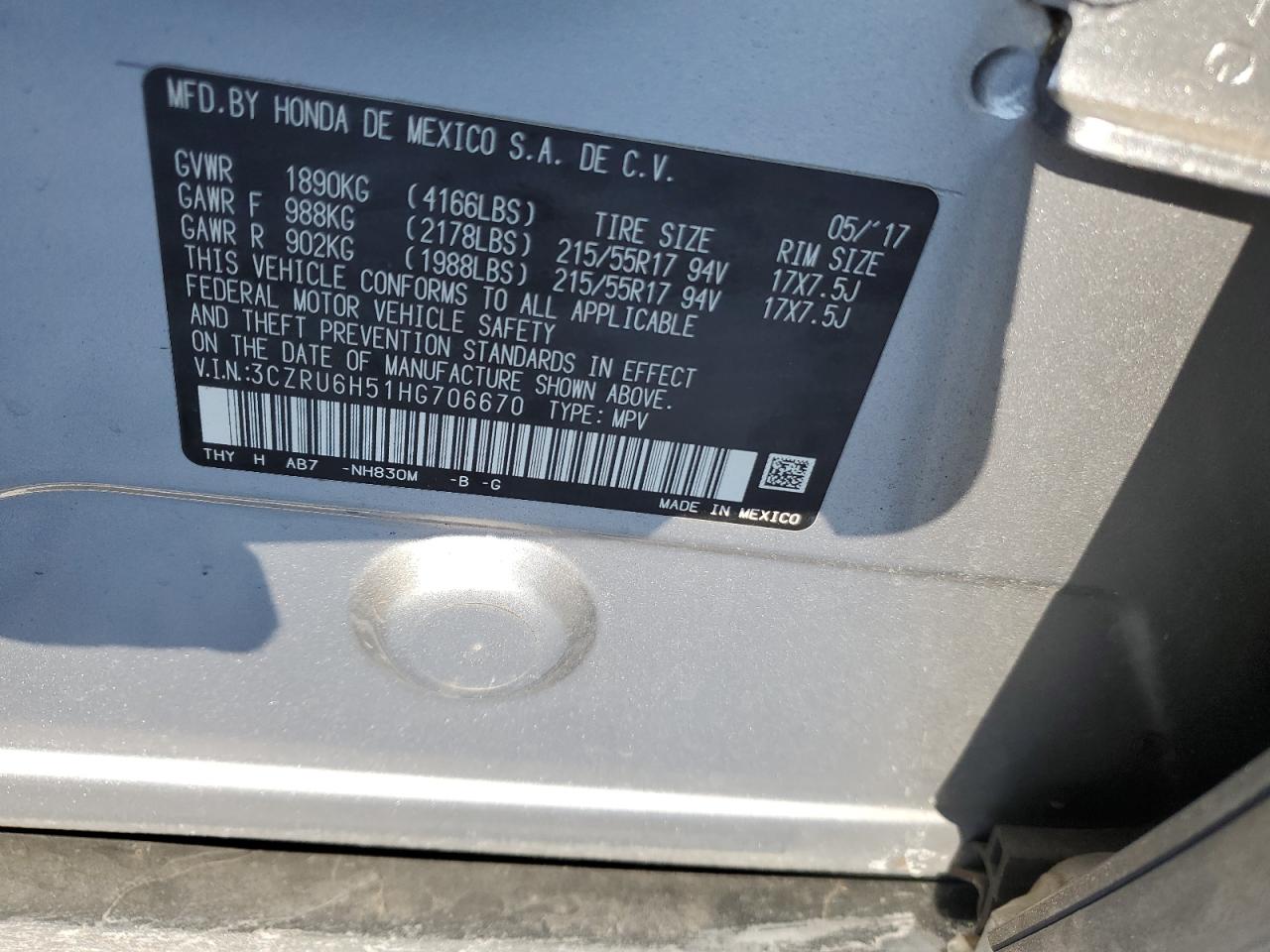 2017 Honda HR-V VIN 3CZRU6H51HG706670 Copart auction photo, side damage thumbnail 15