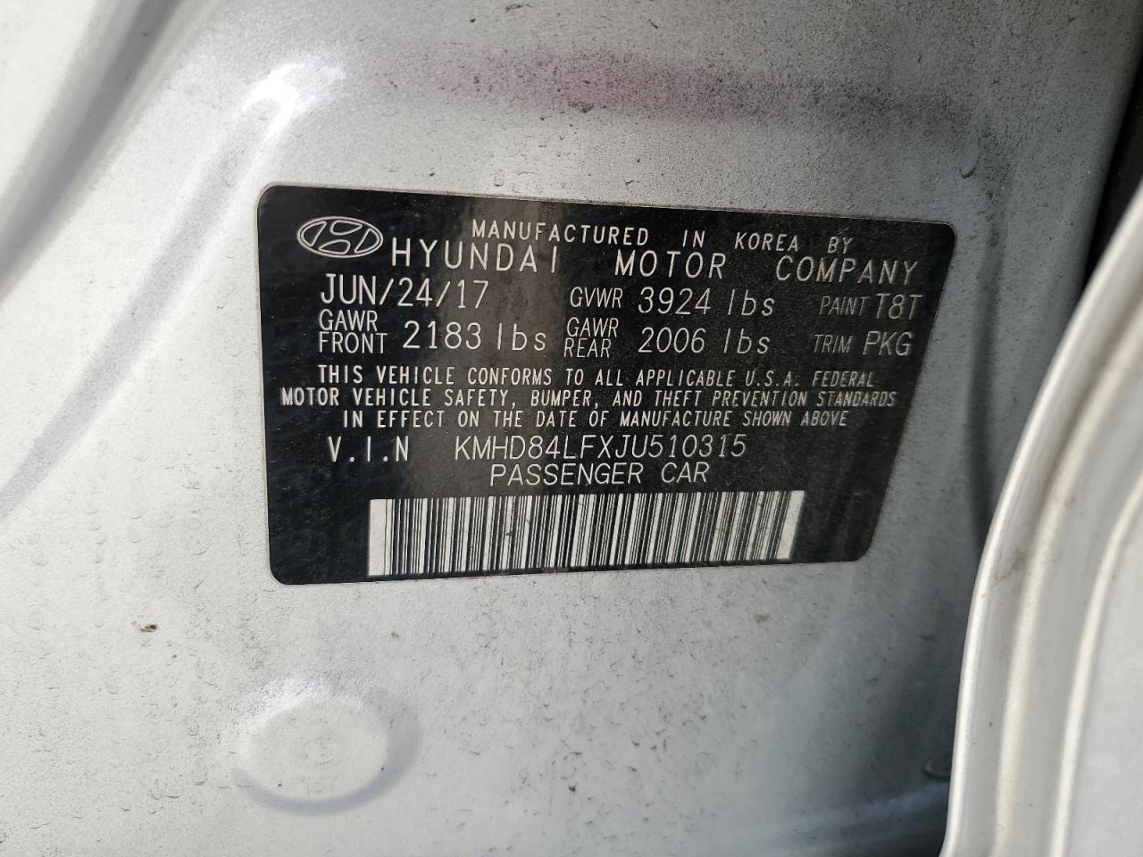 2018 Hyundai Elantra VIN KMHD84LFXJU510315 Copart auction photo, front end damage thumbnail 13