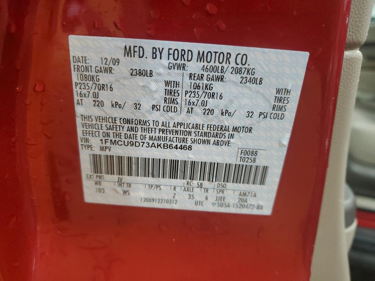 2010 Ford Escape VIN 1FMCU9D73AKB64468 Copart auction photo, side / rear end damage thumbnail 13
