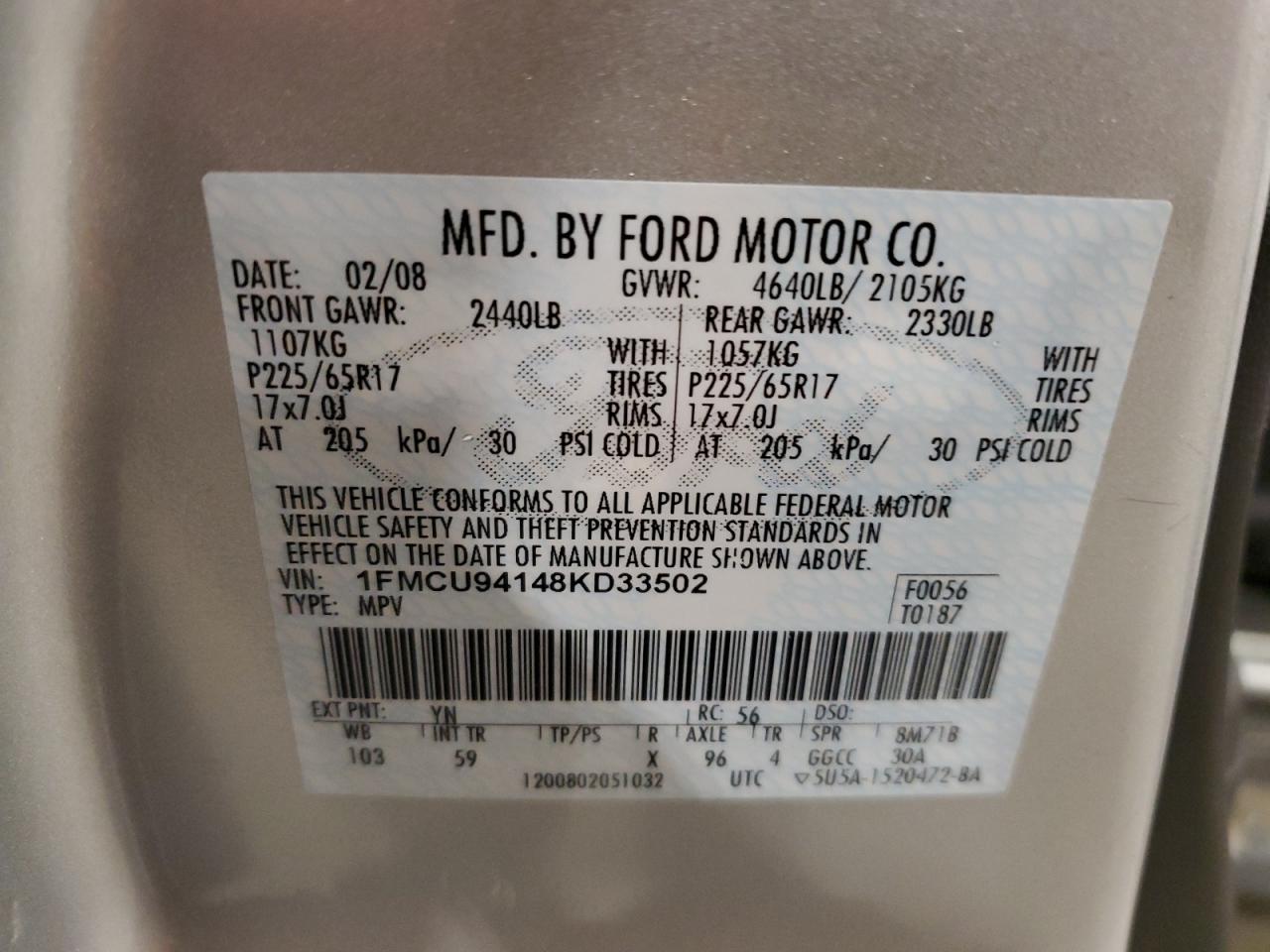 2008 Ford Escape VIN 1FMCU94148KD33502 Copart auction photo, front end / side damage thumbnail 13