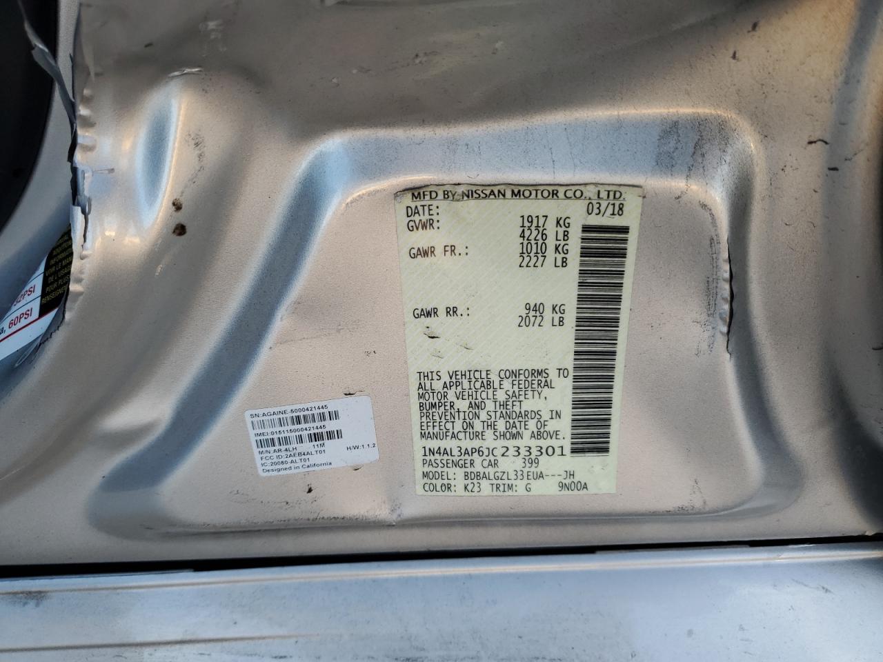 2018 Nissan Altima VIN 1N4AL3AP6JC233301 Copart auction photo, side damage thumbnail 12