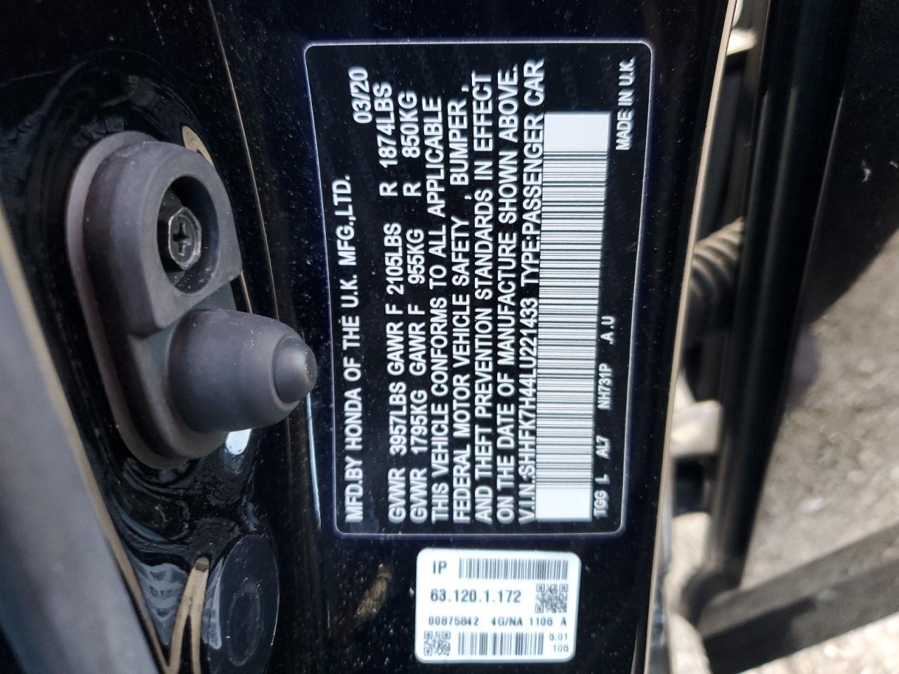 2020 Honda Civic VIN SHHFK7H44LU221433 Copart auction photo, side / rear end damage thumbnail 14