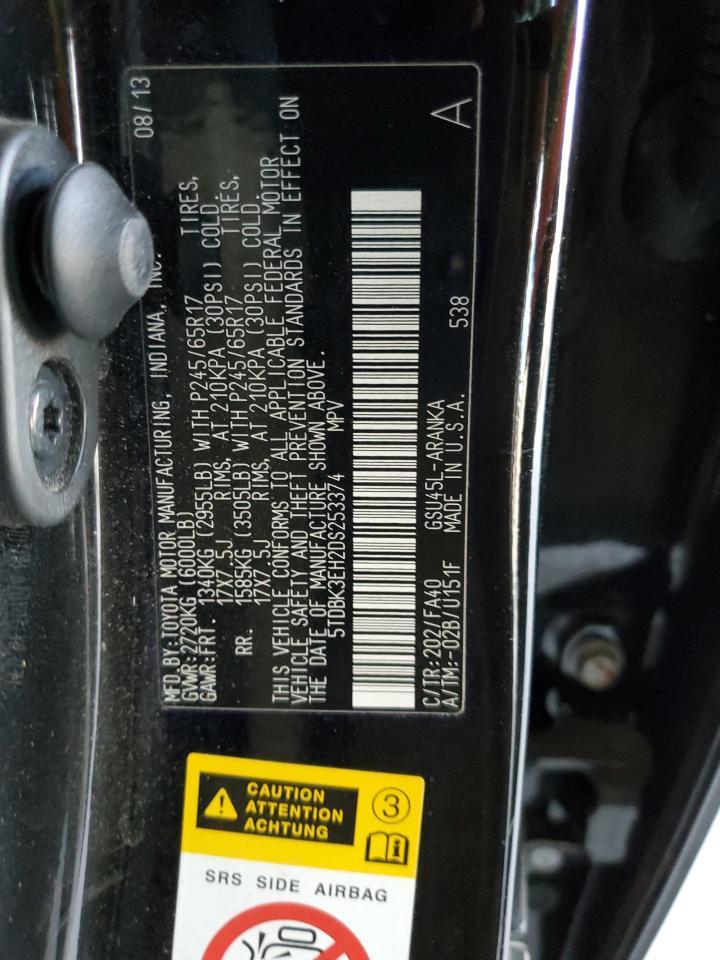 2013 Toyota Highlander VIN 5TDBK3EH2DS253374 Copart auction photo, front end damage thumbnail 13