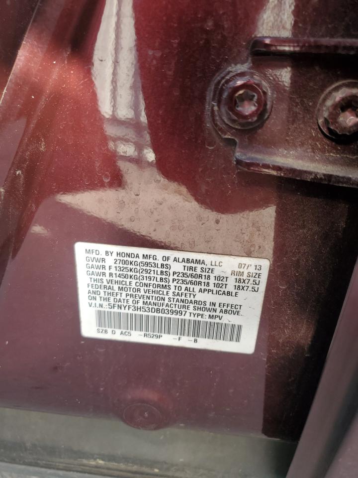 2013 Honda Pilot VIN 5FNYF3H53DB039997 Copart auction photo, all over damage thumbnail 13