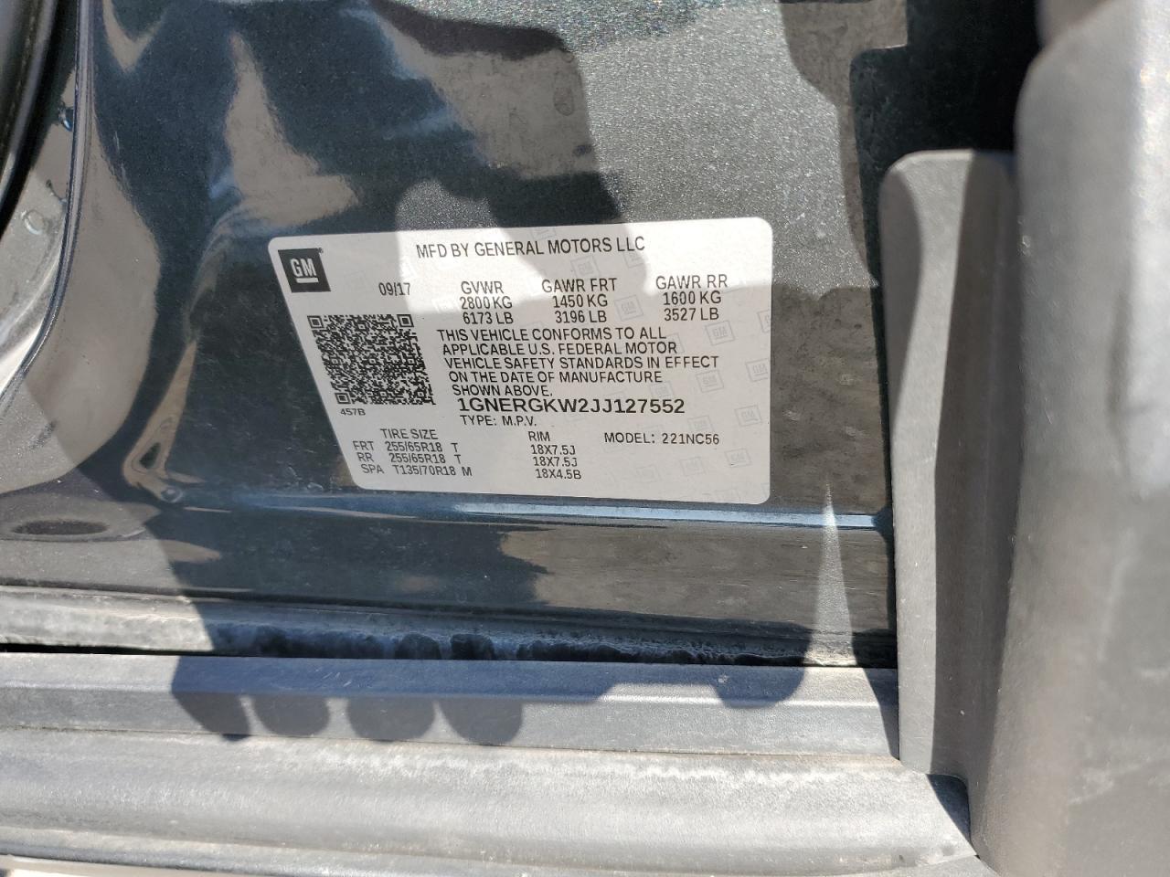 2018 Chevrolet Traverse VIN 1GNERGKW2JJ127552 Copart auction photo, side damage thumbnail 14