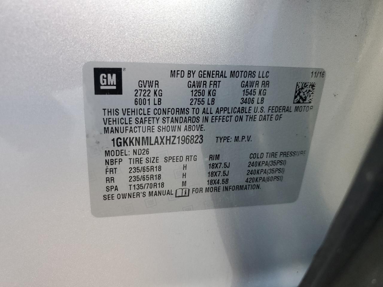 2017 GMC Acadia VIN 1GKKNMLAXHZ196823 Copart auction photo, front end damage thumbnail 13
