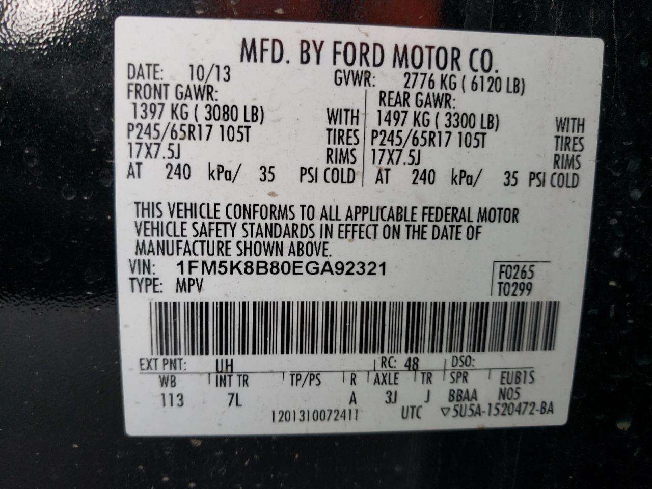 2014 Ford Explorer VIN 1FM5K8B80EGA92321 Copart auction photo, front end / side damage thumbnail 14