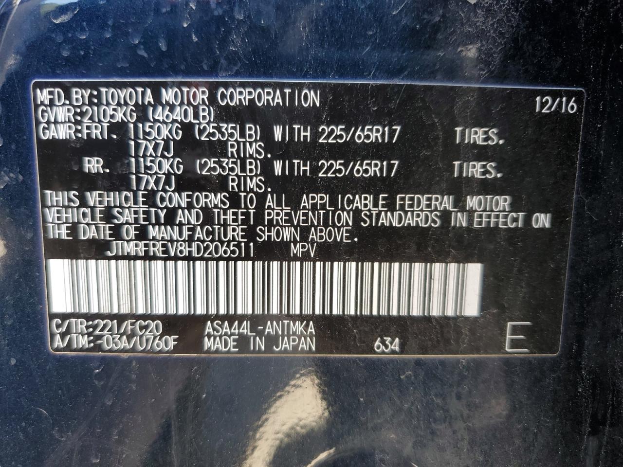 2017 Toyota RAV 4 VIN JTMRFREV8HD206511 Copart auction photo, front end / side damage thumbnail 13