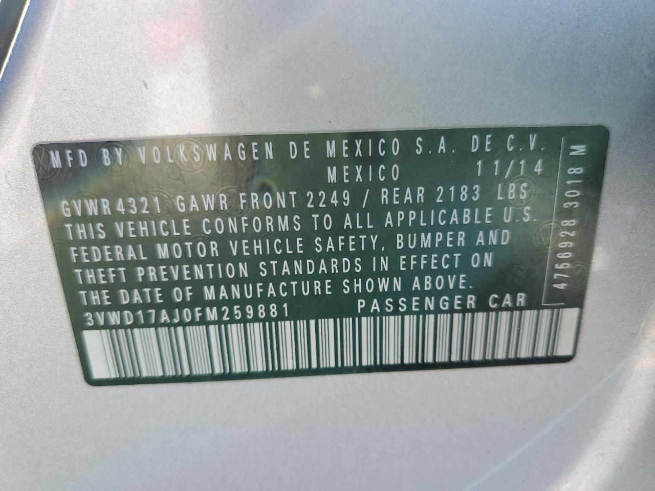 2015 Volkswagen Jetta VIN 3VWD17AJ0FM259881 Copart auction photo, all over damage thumbnail 14