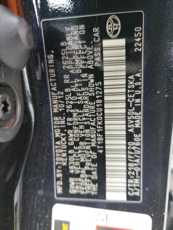 2012 Toyota Camry VIN 4T1BF1FK0CU181275 Copart auction photo, all over damage thumbnail 12