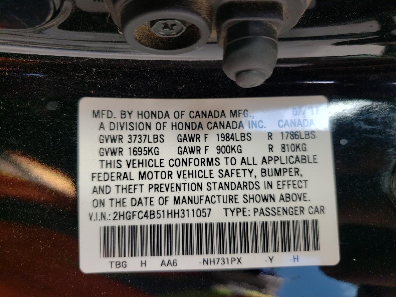 2017 Honda Civic VIN 2HGFC4B51HH311057 Copart auction photo, vandalism damage thumbnail 12