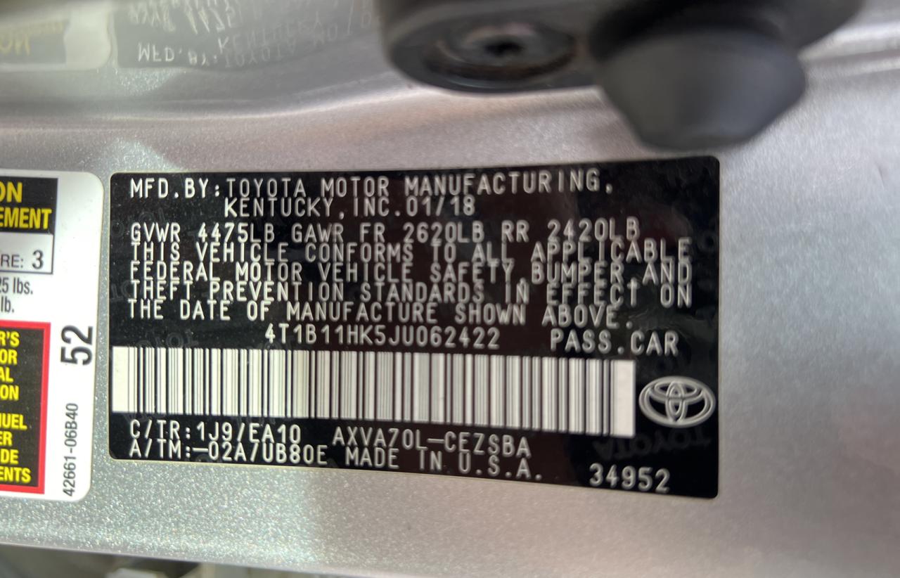 2018 Toyota Camry VIN 4T1B11HK5JU062422 Copart auction photo, mechanical / normal wear damage thumbnail 10