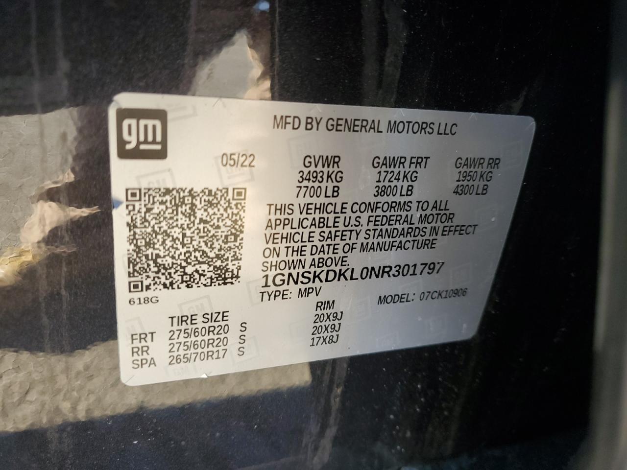 2022 Chevrolet Suburban VIN 1GNSKDKL0NR301797 Copart auction photo, rear end / side damage thumbnail 14