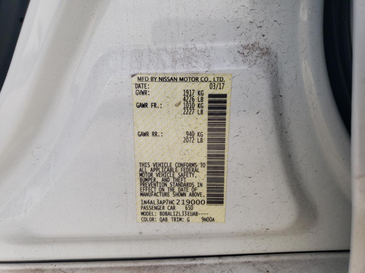 2017 Nissan Altima VIN 1N4AL3AP7HC219000 Copart auction photo, front end / minor dent/scratches damage thumbnail 12