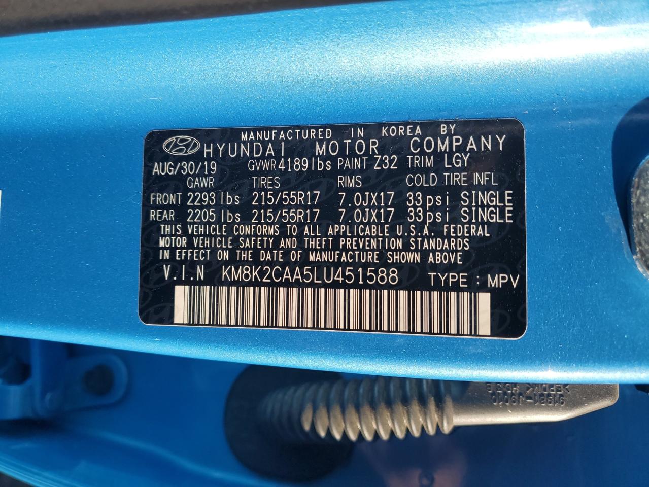 2020 Hyundai Kona VIN KM8K2CAA5LU451588 Copart auction photo, front end / side damage thumbnail 14