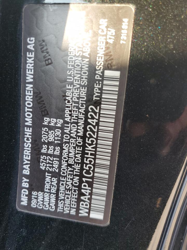 2017 BMW 4er VIN WBA4P1C55HK522422 Copart auction photo, rear end / front end damage thumbnail 14