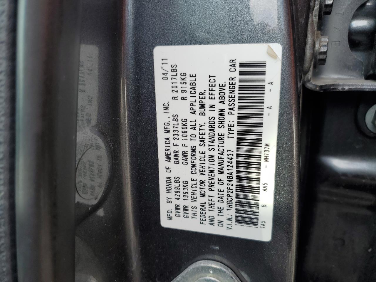 2011 Honda Accord VIN 1HGCP2F34BA124437 Copart auction photo, rear end / front end damage thumbnail 14