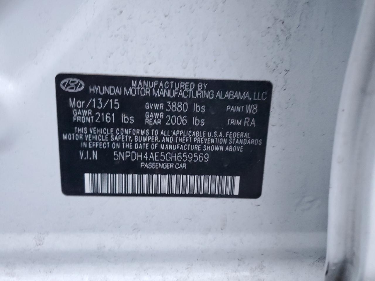 2016 Hyundai Elantra VIN 5NPDH4AE5GH659569 Copart auction photo, burn - interior / side damage thumbnail 14