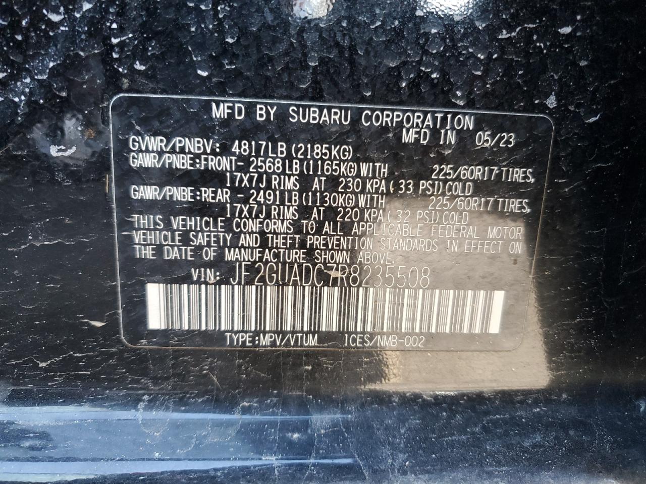 2024 Subaru XV VIN JF2GUADC7R8235508 Copart auction photo, rear end damage thumbnail 14