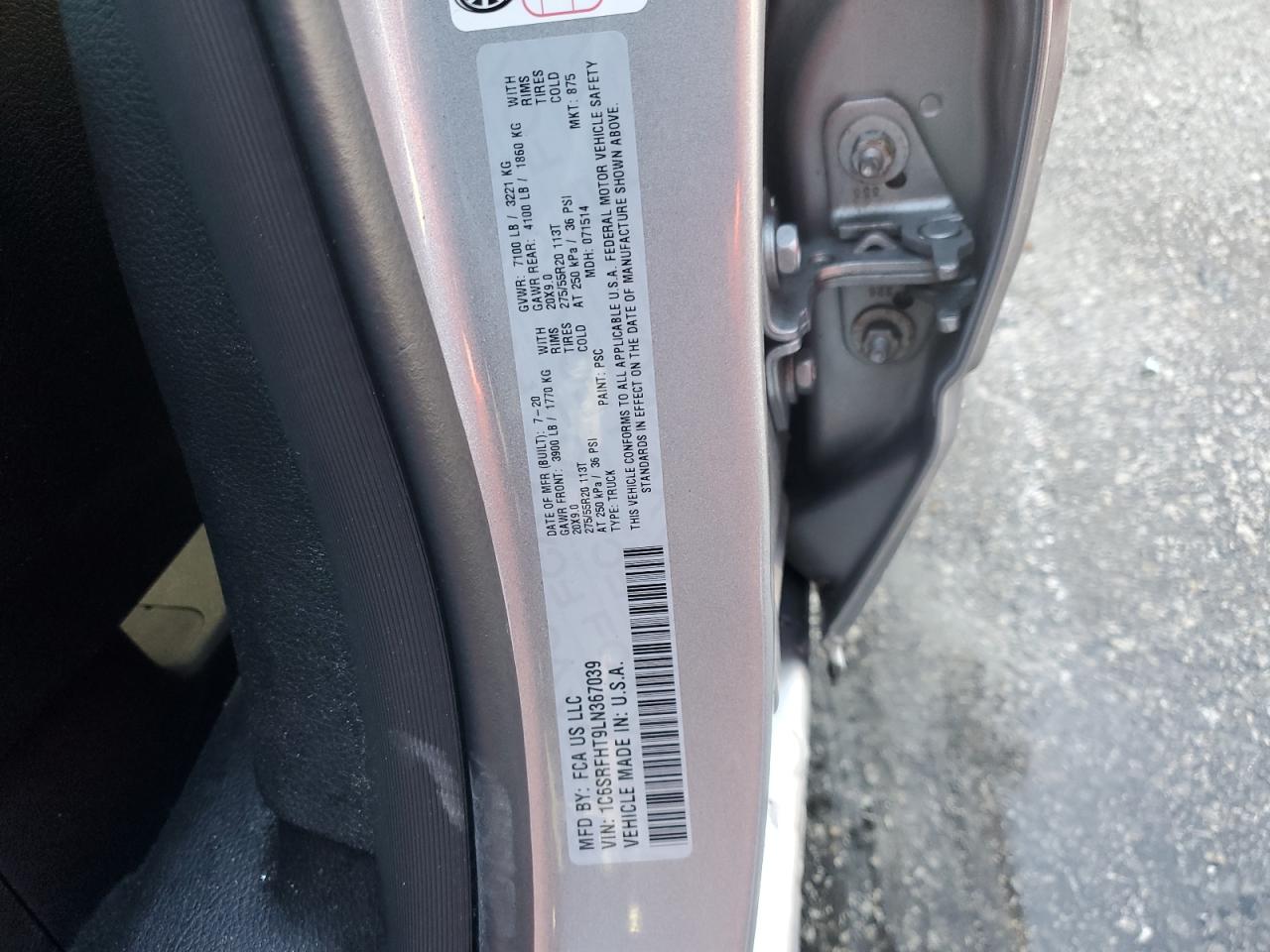 2020 RAM 1500 VIN 1C6SRFHT9LN367039 Copart auction photo, side / hail damage thumbnail 13