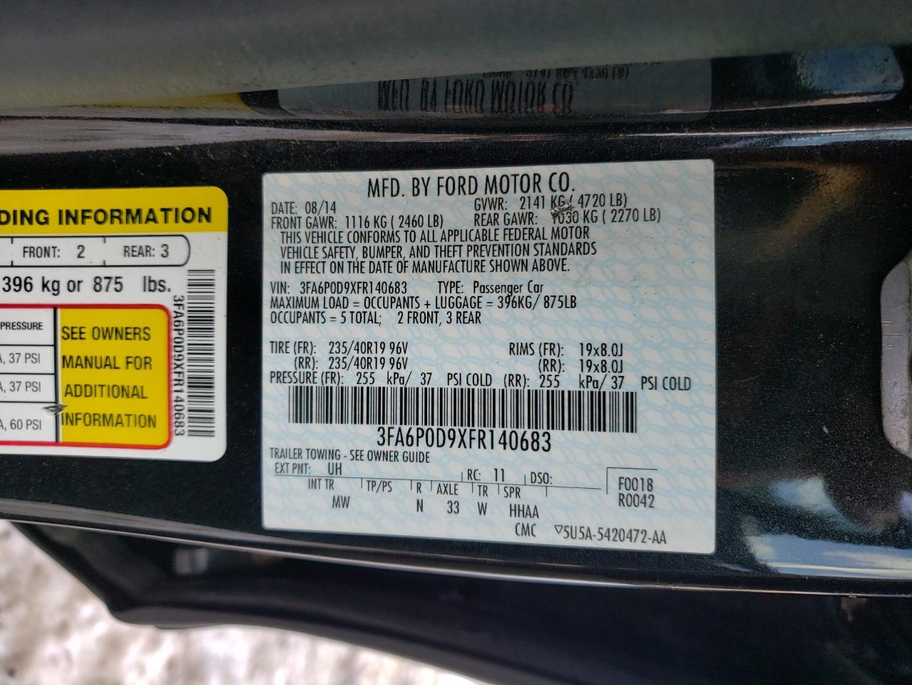 2015 Ford Fusion VIN 3FA6P0D9XFR140683 Copart auction photo, rear end damage thumbnail 12