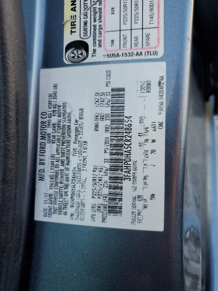 2012 Ford Fusion VIN 3FAHP0HA5CR248654 Copart auction photo, side / front end damage thumbnail 12