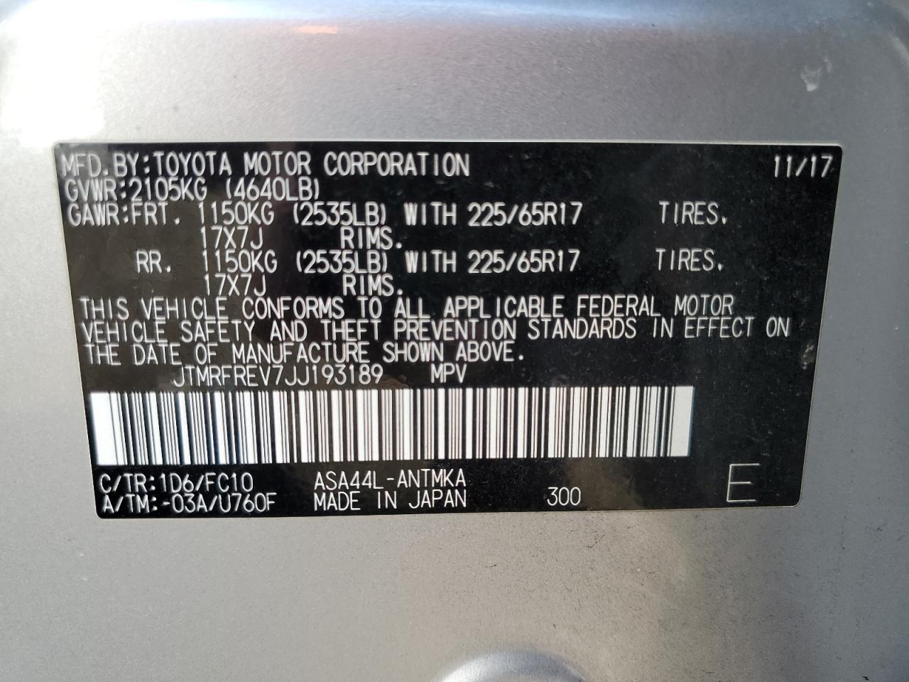 2018 Toyota RAV 4 VIN JTMRFREV7JJ193189 Copart auction photo, rear end / minor dent/scratches damage thumbnail 14