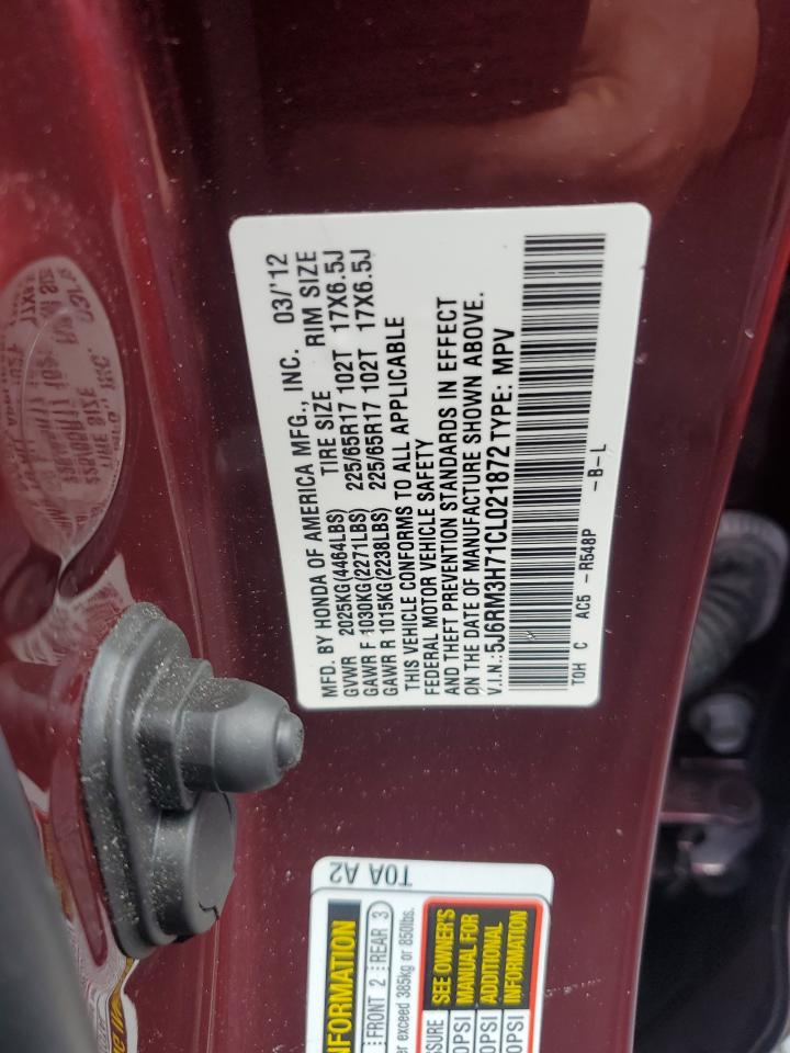 2012 Honda CR-V VIN 5J6RM3H71CL021872 Copart auction photo, water/flood damage thumbnail 13