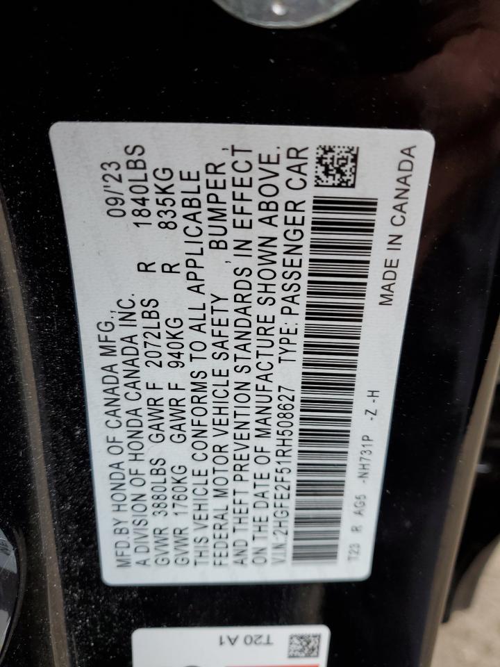 2024 Honda Civic VIN 2HGFE2F51RH508627 Copart auction photo, front end / minor dent/scratches damage thumbnail 15