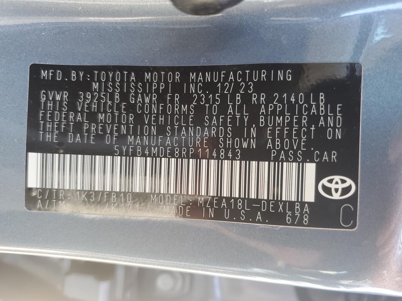 2024 Toyota Corolla VIN 5YFB4MDE8RP114843 Copart auction photo, front end / hail damage thumbnail 14