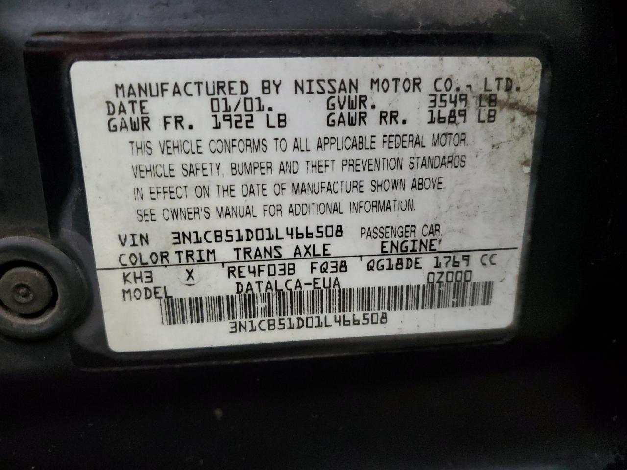 2001 Nissan Sentra VIN 3N1CB51D01L466508 Copart auction photo, side / undercarriage damage thumbnail 13
