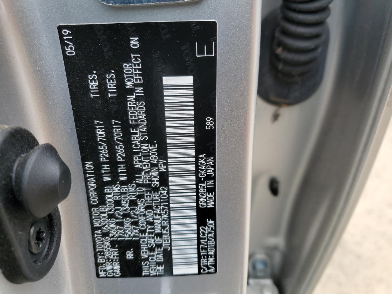 2019 Toyota 4Runner VIN JTEBU5JR7K5711042 Copart auction photo, front end damage thumbnail 12