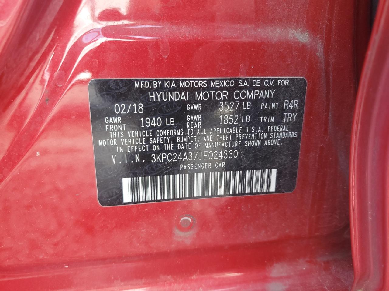 2018 Hyundai Accent VIN 3KPC24A37JE024330 Copart auction photo, mechanical damage thumbnail 12