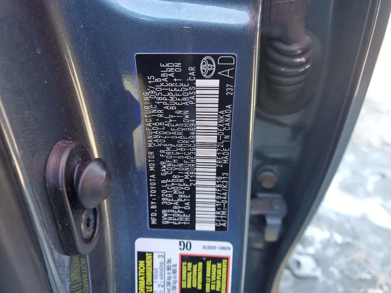 2016 Toyota Corolla VIN 2T1BURHE3GC494694 Copart auction photo, front end damage thumbnail 14