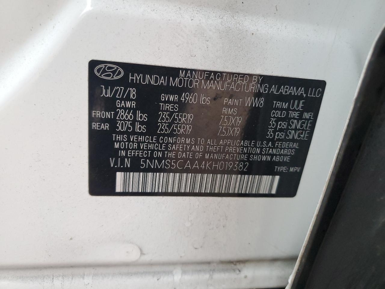 2019 Hyundai Santa Fe VIN 5NMS5CAA4KH019382 Copart auction photo, side / front end damage thumbnail 15